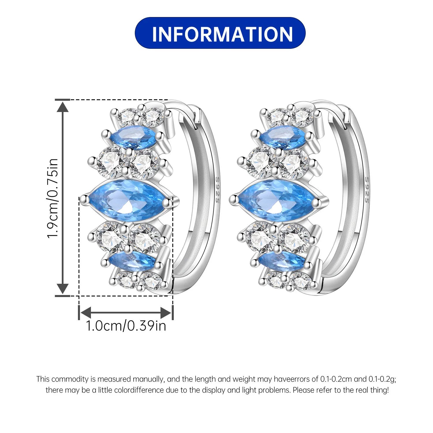 PANPOKI S925 Sterling Silver Minimalist Blue Zircon Earrings Hoop Earrings For Women Jewelry Original Party Trendy Gifts