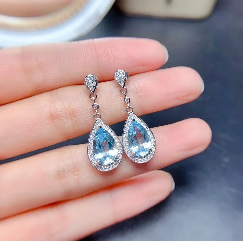 Natural Topaz Hoop Earrings Female Bule Stone Sterling Silver 925 Earrings for Women Big Topaz Earrings Valentiner's Day Gift