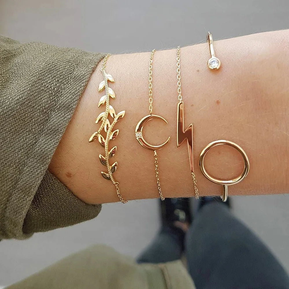 Trendy Geometric Link Chain Bracelet Set For Women Rhinestones Gold Color Leaves Heart Pendant Open Cuff Bangle Girls Jewelry - Madeinsea©