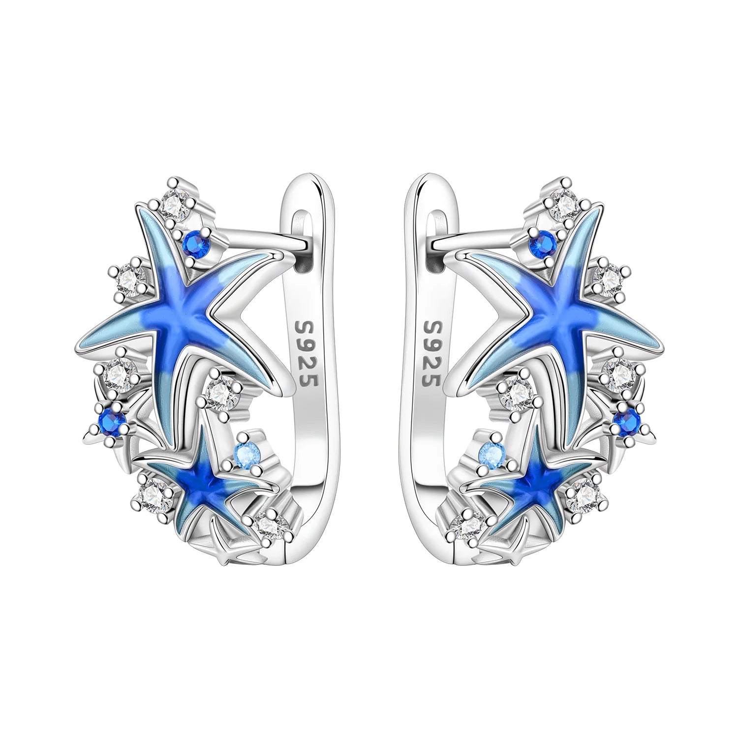PANPOKI S925 Sterling Silver Dreamy Blue Starfish Earrings Hoop Earrings For Women Jewelry Original Party Trendy Gifts
