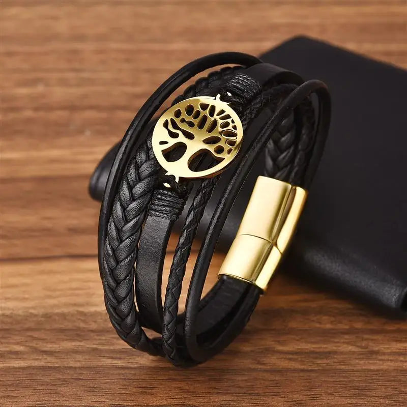 New Fashion Lift Tree Charm Leather Bracelets Men Stainless Steel Magnet Clasp Hand Bracelet Homme Men's Gifts