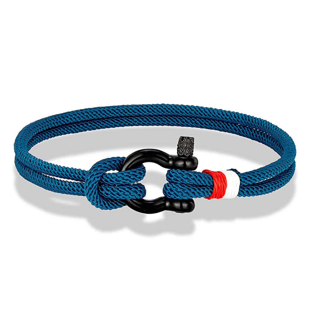 MKENDN Schwarzes Armband aus Edelstahl mit Hufeisenschnalle für Männer und Frauen, marineblaues Überlebensarmband aus geflochtenem Seil, Paarschmuck