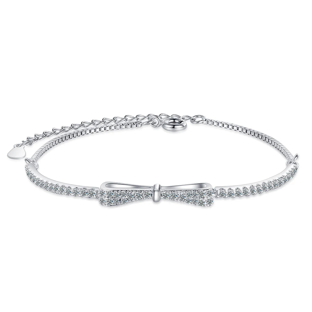 Real 925 Sterling Silver Bowknot Bracelet for Women Shiny Zircon Tennis Hard Bracelet Homme Wedding Party Jewelry Gifts