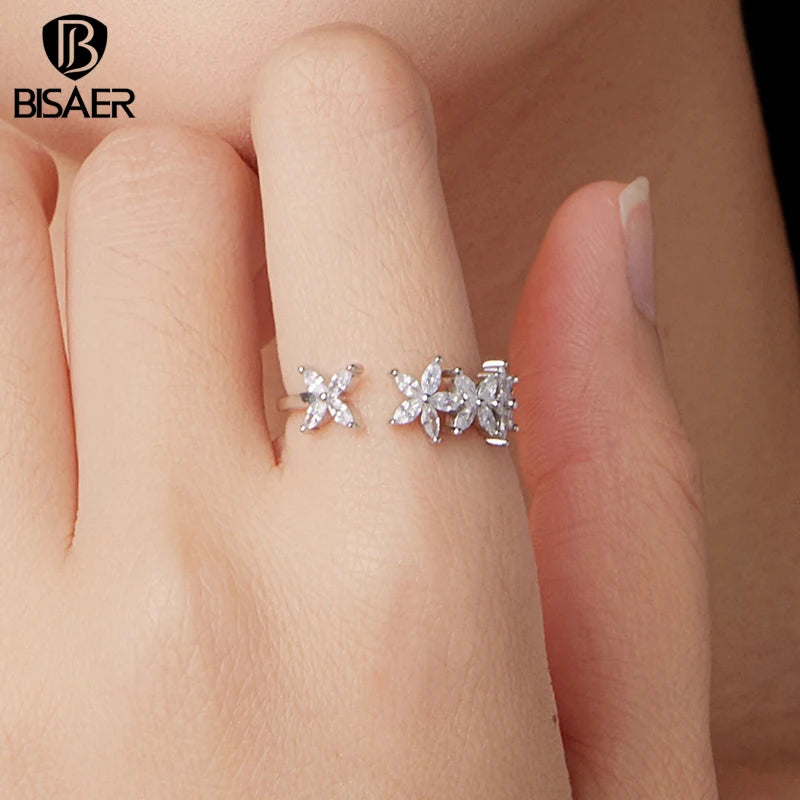 BISAER Real 925 Sterling Silver Autumn Leaves Open Ring Sparkling Zircon Band Adjustable Size 5-9 for Women Party Fine Jewelry