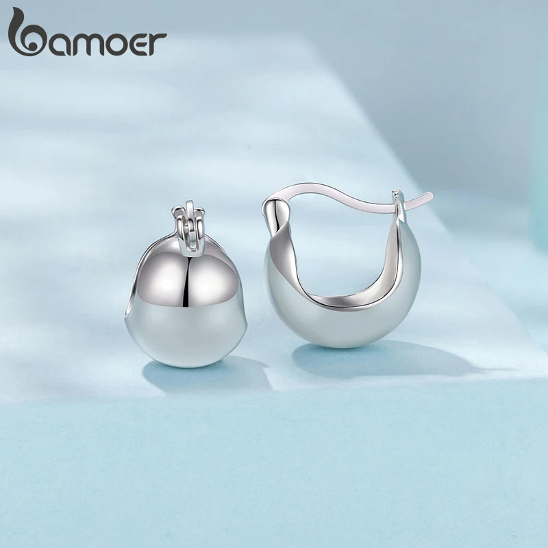 BAMOER White Gold Plated Post Glossy Ball Hoop Earrings, High Polished Chunky Hollow Sphere for Women 925 Sterling Silver Gift