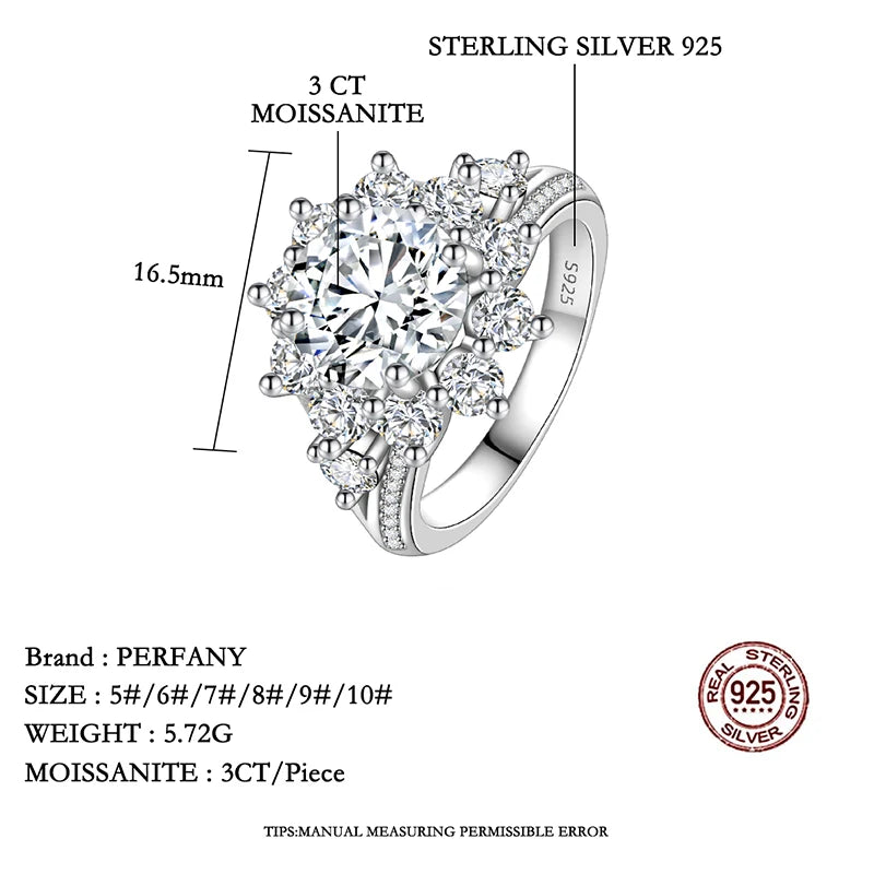 PERFANY 3CT Sunflower Moissanite Ring for Women S925 Pure Silver Plated 18K White Gold Diamond Luxury Wedding Jewelry - Madeinsea©