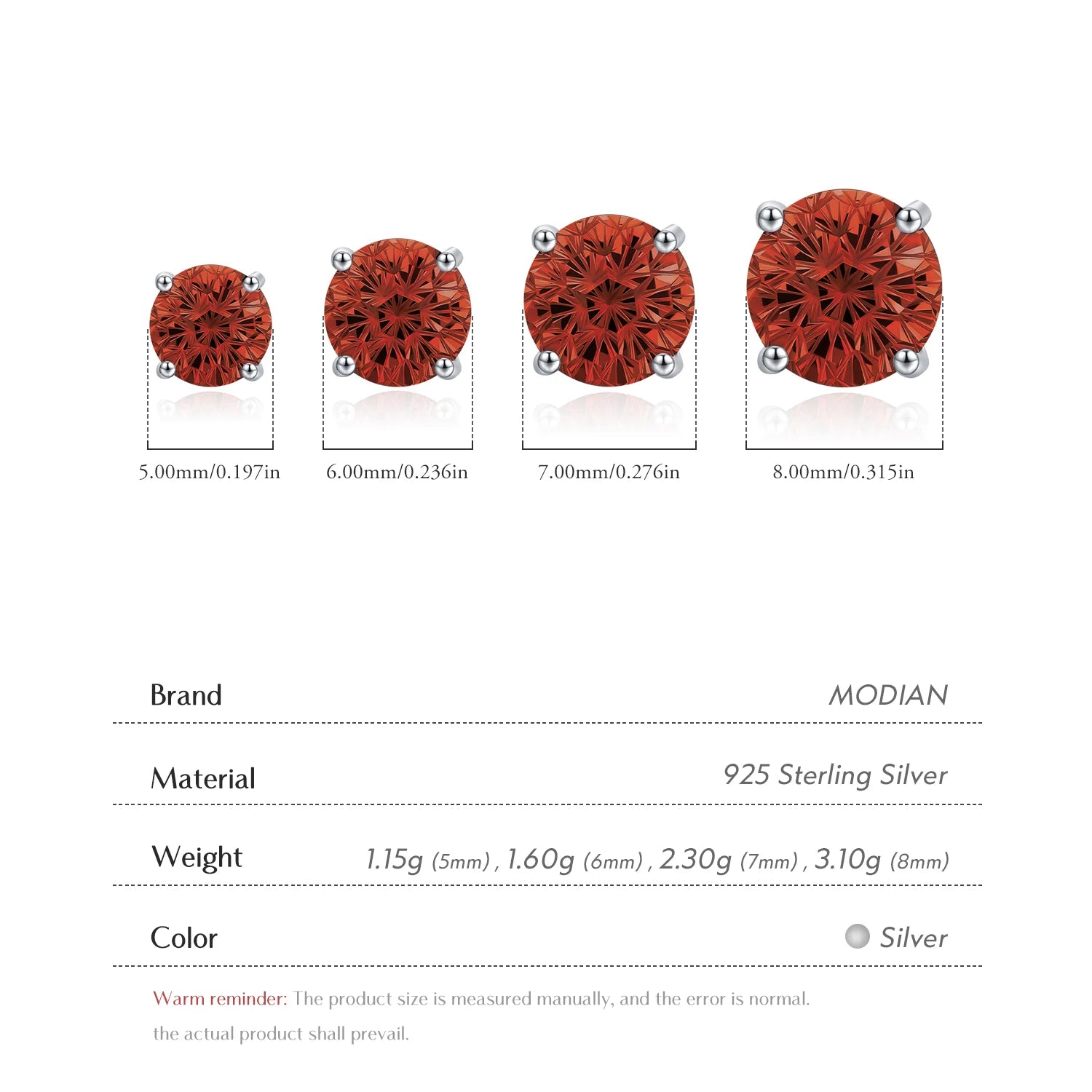 MODIAN 925 Sterling Silver Trendy Pomegranate Red Firework Cut Round CZ Stud Earrings For Women And Men Fine Jewelry