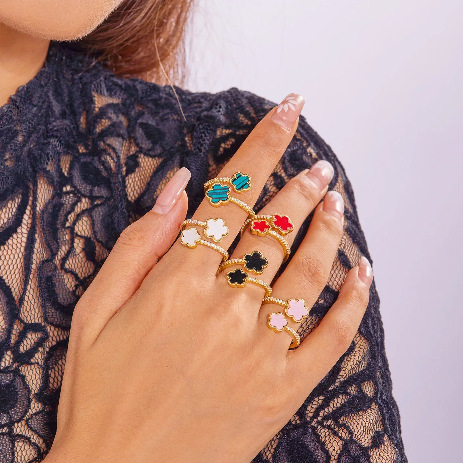 New Elegant Lucky Five Leaf Flower Ring For Women Micro Inlaid Zircon Flowers Adjustable Opening Finger Ring Romantic Jewelry