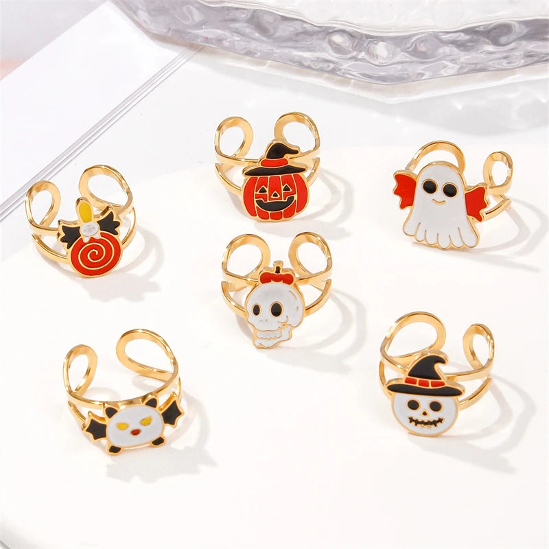 Niche Design Halloween Stainless Steel Ring For Women Cute Cartoon Ghost Pumpkin Skull Bat Adjustable Finger Ring Party Jewelry