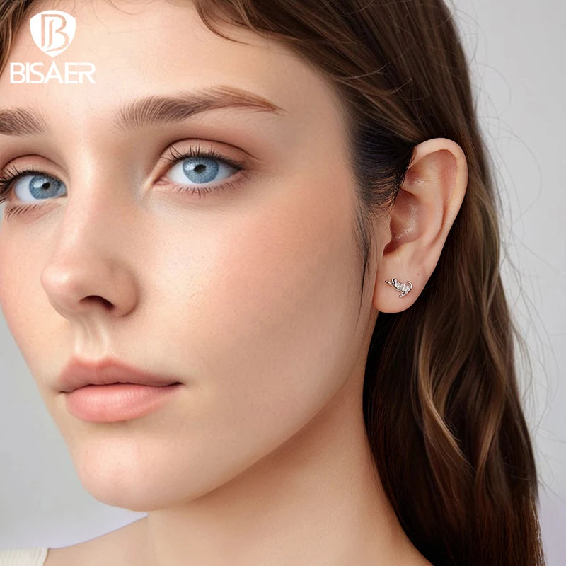 BISAER 925 Sterling Silver Cute Cat Stud Earrings Pet Dog Hypoallergenic Earrings Plated White Gold for Women Fine Jewelry Gift