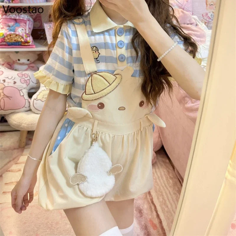 Sweet Lolita Style Shorts Women Casual Kawaii Cartoon Embroidery Overalls Short Pants Japanese Girls Cute Party Bloomers Shorts