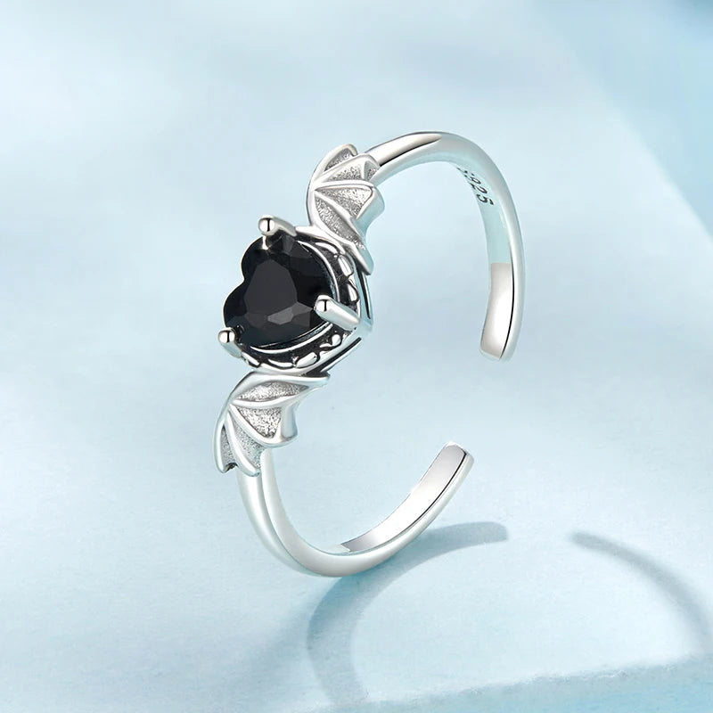 WOSTU 925 Sterling Silver Black Heart Zircon Open Ring For Womem Retro Devil Wing Rings Punk Jewelry Girl Party Birthday Gift