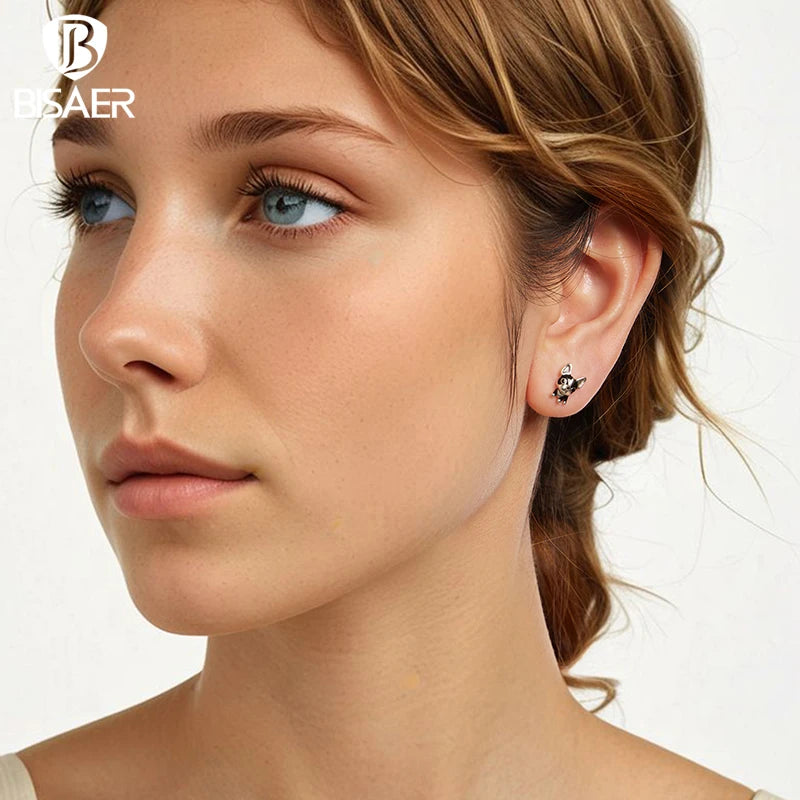 BISAER 925 Sterling Silver French Bulldog Stud Earrings Lovely Pet Animals Enamel Stud Ear for Women & Girls Party Fine Jewelry
