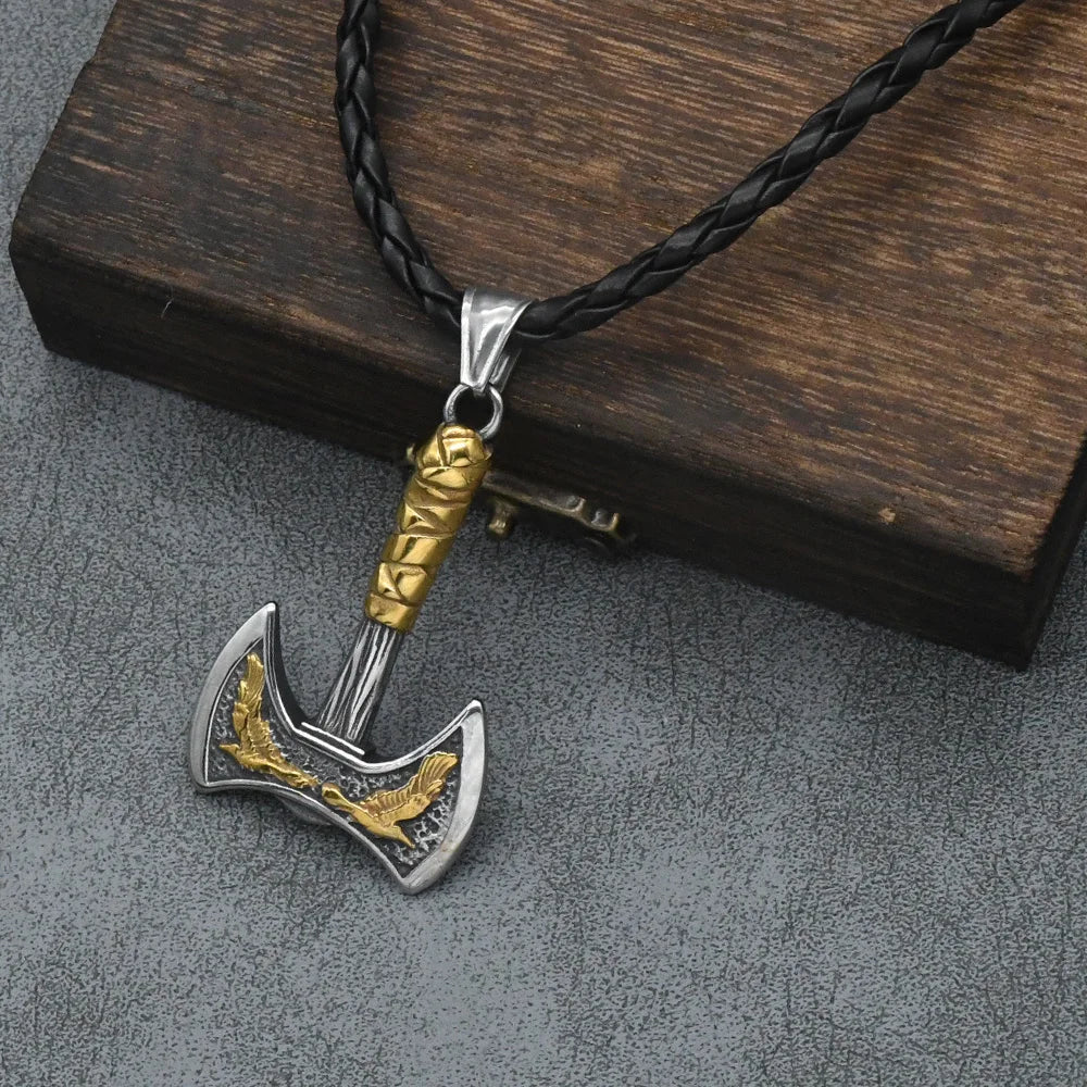 Odin Raven Double Axe Vintage Viking Pendant Stainless Steel Celt Knot Necklace Men's Scandinavian Jewelry Gift