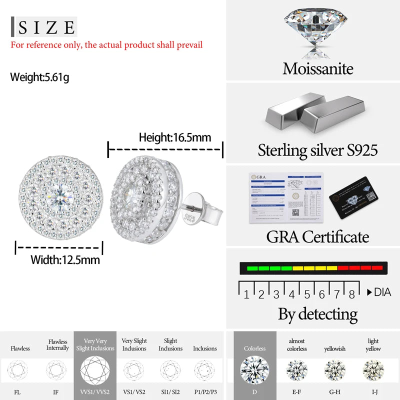Top Quality 100% 925 Silver Earrings Fashion Classic Round Unisex Moissanite Earring  For Women Jewelry