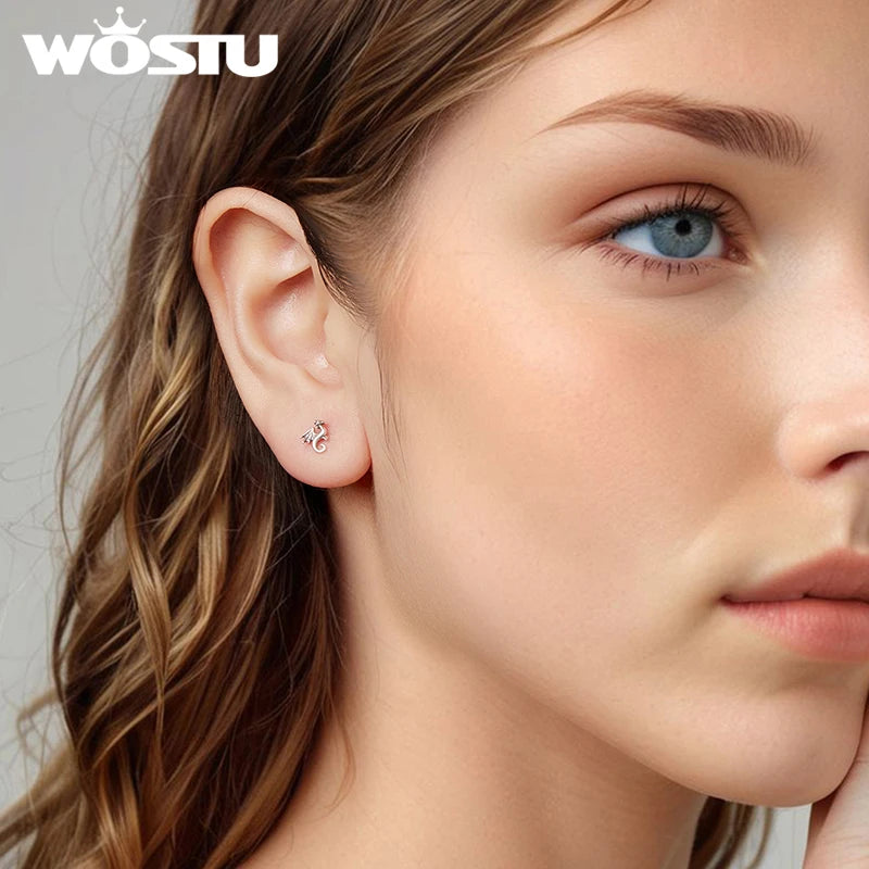 WOSTU 925 Sterling Silver Mini Dragon Piercing Dinosaur Earrings Stud 18k Gold Cute Novelty for Women Birthday Fine Jewelry Gift