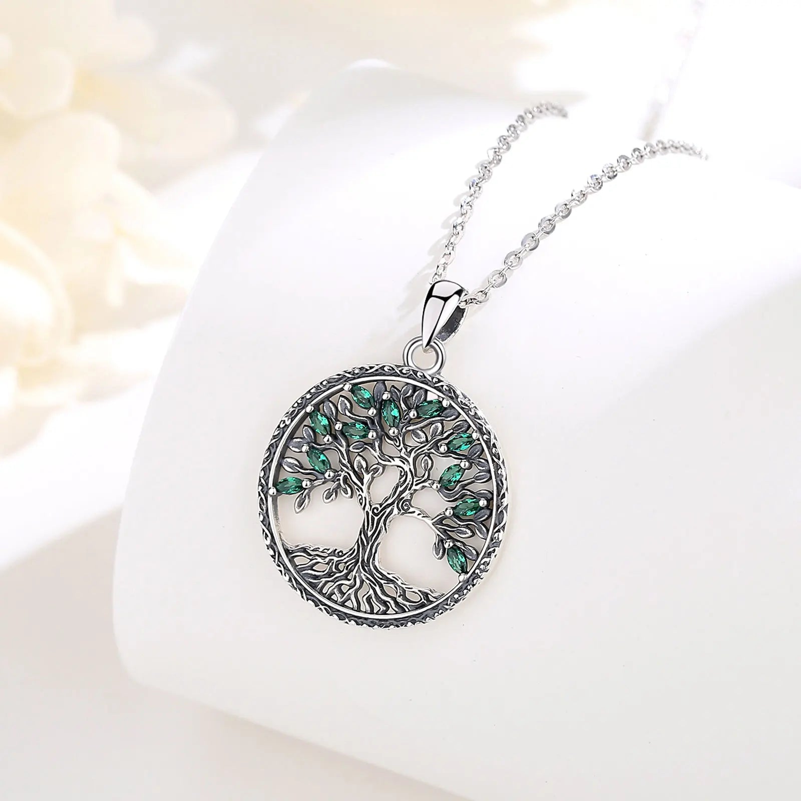 Eudora 925 Sterling Silver Tree of Life Necklace for Women Green Zircon Yggdrasil Pendant Tree Jewelry Gift for Mom and Grandma