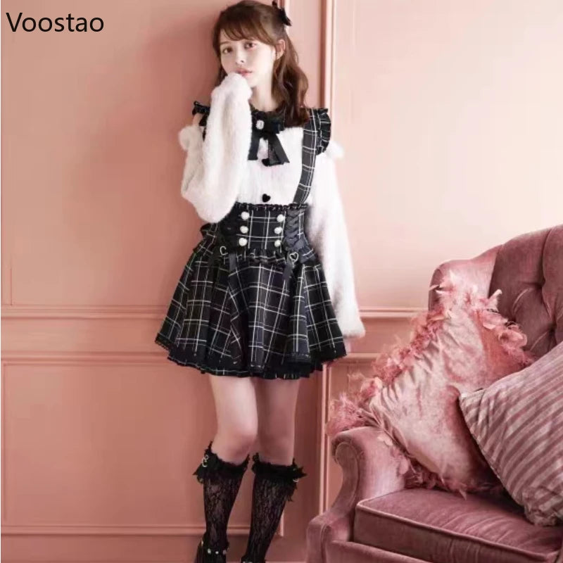 Japanese Gothic Lolita Ribbon Bow Diamond Pearl Buckle Removable Short Suspender Skirt Girls Sweet Cute Lace A-Line Mini Skirts