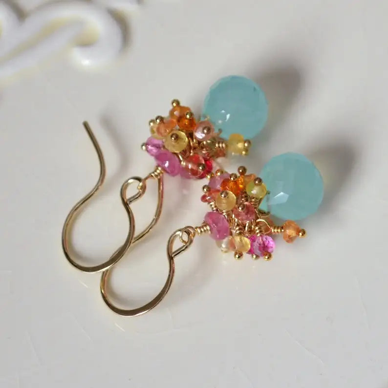 Summer Earrings, Gold Filled Jewelry, Real Chalcedony, Aqua Gemstones, Orange Yellow Pink Sapphires, Cluster Ear Rings