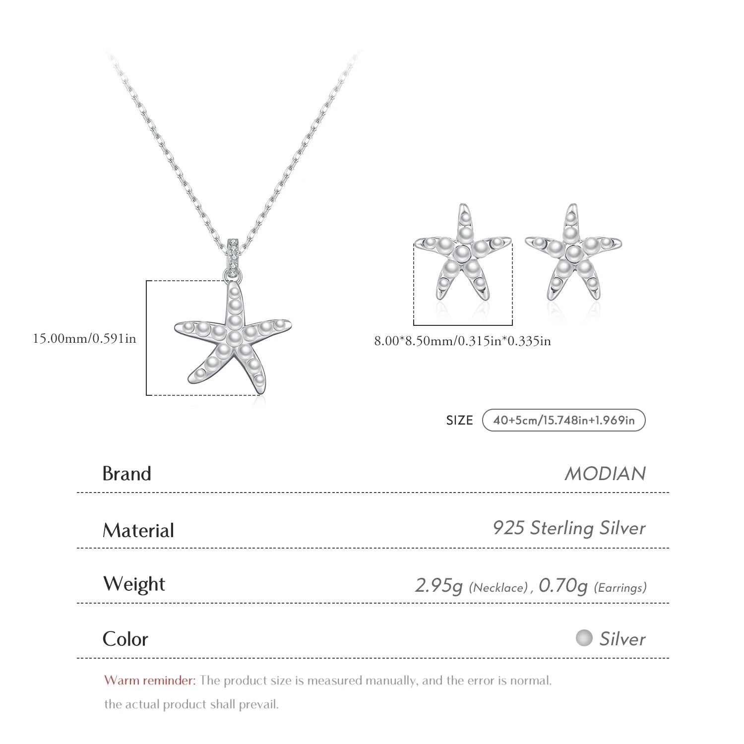 MODIAN 925 Sterling Silver Elegant Pearls Pendant Necklace Cute Starfish Stud Earrings For Women Fine Jewelry Sets