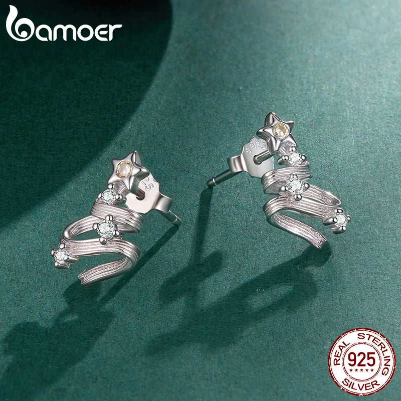 BAMOER 925 Sterling Silver Christmas Tree Stud Earrings, Curved Texture CZ Star Earrings for Women Teens Lovely Xmas Gift