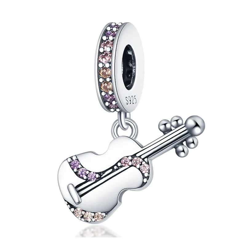 Romantic Music Charms Beads 925 Sterling Silver Piano Violin Red Guitar Punk Saxophone Pendants Fit Qikaola Bracelet DIY Jewelry