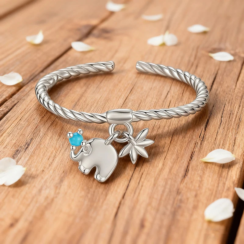 WOSTU Ring aus massivem 925er Silber mit niedlichem Elefantenmotiv und gedrehtem Seilmuster, offener Ring für Damen, verstellbarer Ring mit türkisfarbenem Tiermotiv, feines Geschenk zum Mädchengeburtstag