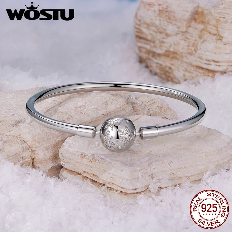 WOSTU 925 Sterling Silver Snowflake Bangle Bracelet With Zircon , Snake Chain Bangles Fit DIY Charms Valentine Xmas Jewelry Gift