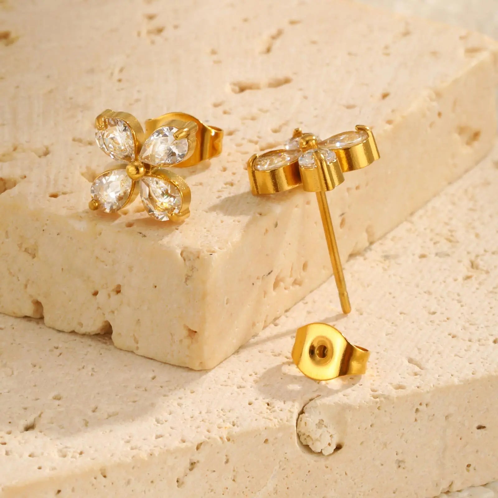 Vnox New Four Petal Zircon Stud Earrings For Women,Stainless Steel Hypoallergenic Screw Piercing Earring,Jewelry Girls Accessory