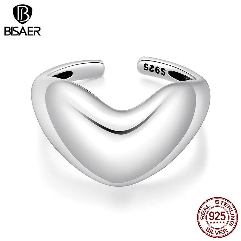 BISAER Solid 925 Sterling Silver Heart Open Ring Metal Statement Band Adjustable Size 5-9 for OL Women Party Fine Jewelry EFR679