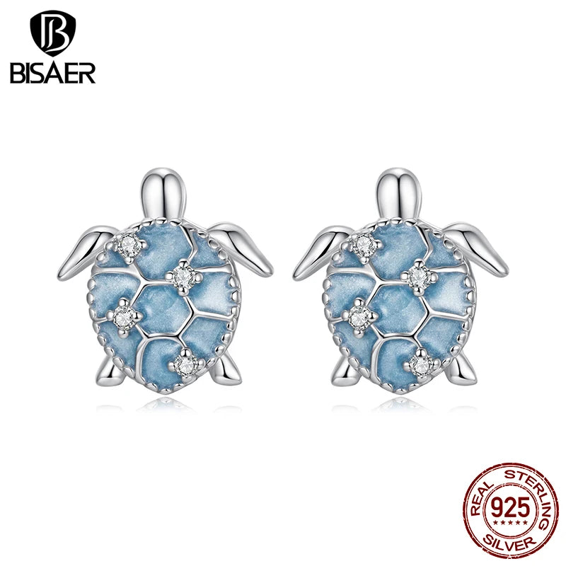 BISAER 925 Sterling Silver Turtle Stud Earrings Bule Enamel Stud Ear Plated White Gold for Women Party Fine Jewelry Holiday Gift