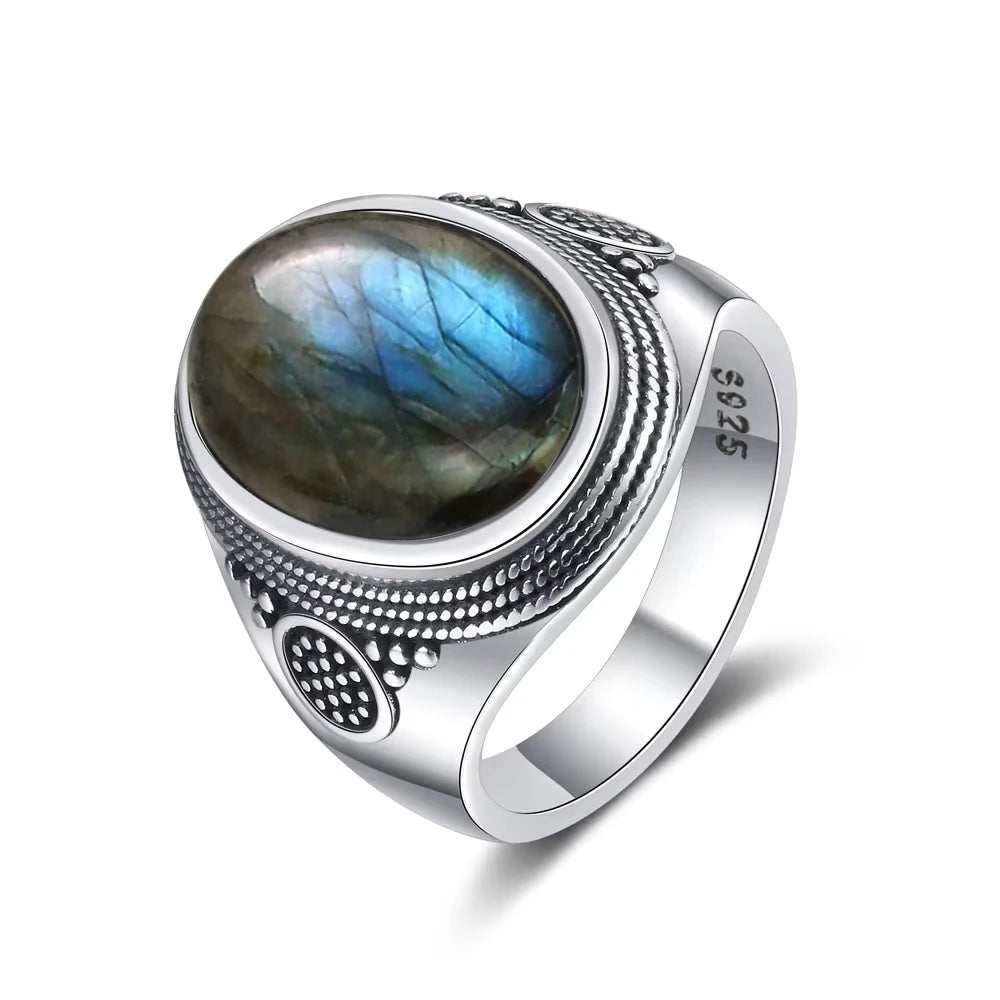 Vintage 925 Sterling Silver Ring Natural Moonstone Ring 10*14mm Oval Large Stone Retro Silver Fine Jewelry Gift For Women Men