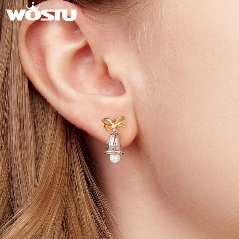 WOSTU Big Christmas Snowflake Bell Earrings, Sterling Silver Bow Pearl Drop Dangle Earrings for Women Holiday Party Ear Jewelry