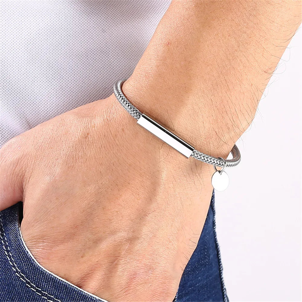 MKENDN Custom logo Name Engrave Text Men Women Jewelry Non-fading Steel Wire Rope Bracelet customize ID Bracelet Couple Gifts - Madeinsea©