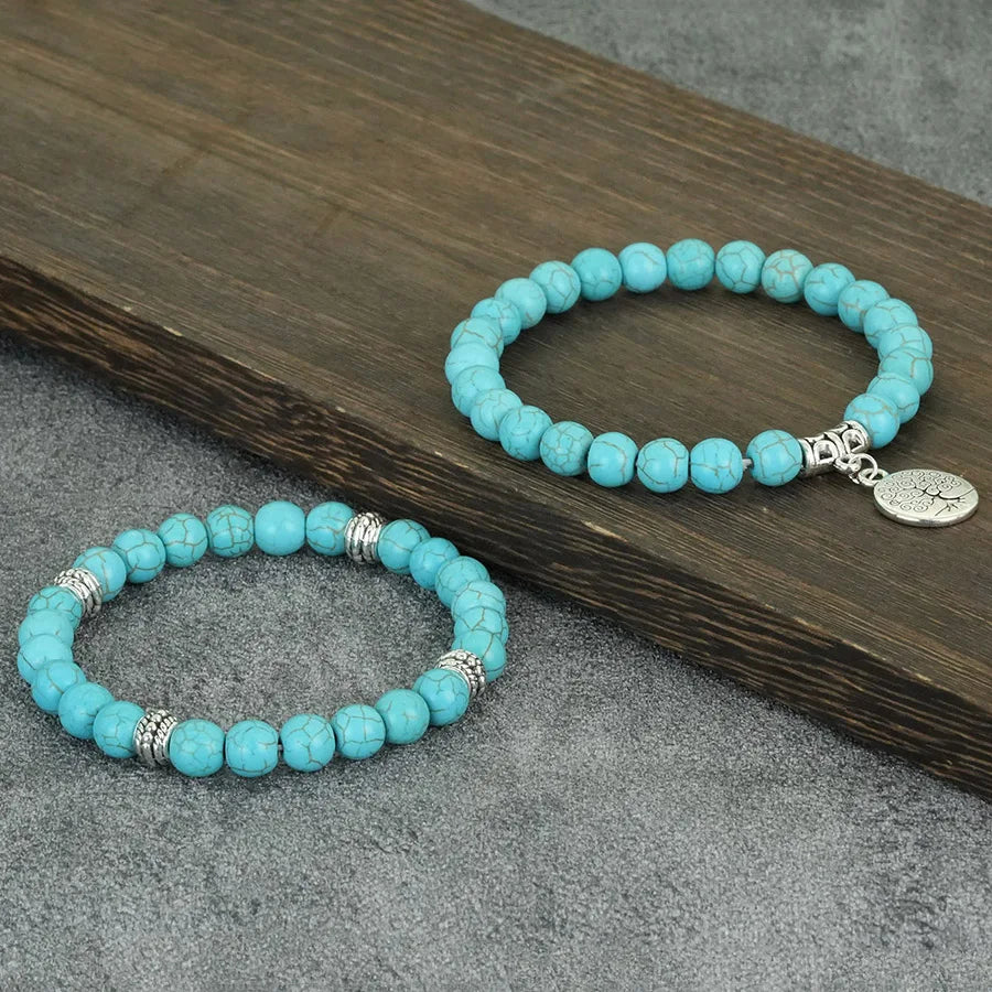 Handmade 2Pcs Men Bracelet Set Tree Of Life Braslet 8mm Lava Howlite Stone Strand Braclet Yoga Meditation Healing Jewelry Homme