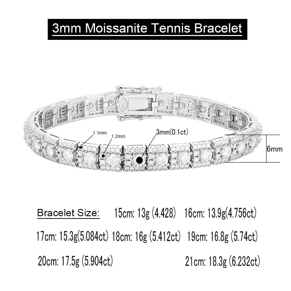 Serenity 3mm D Moissanite Tennis Bracelet for Women Man Gift 100% S925 Sterling Silver Lab Diamond Double Safety Lock Hand Chain - Madeinsea©