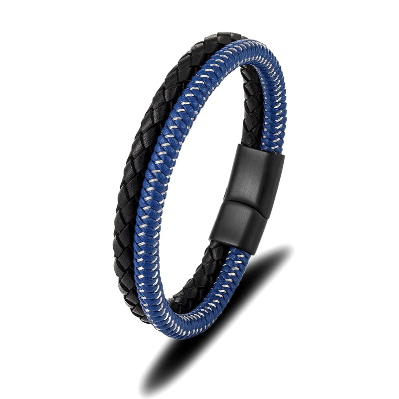 MKENDN Men's Simple Style Leather With Blue Stainless Steel Stitching Combination Bracelet Black Buckle Wristband Bangle Gifts