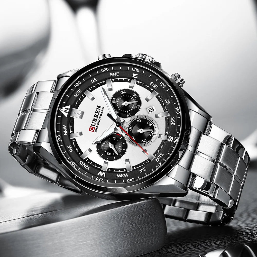 CURREN Luxury Brand Watches for Men Casual Sporty Quartz Wristwatch with 316 Stainless Steel Band Chronograph Clock Male Silver