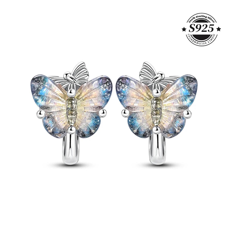 Simple Original 100% 925 Sterling Silver Sparkling Zircon Butterfly Liquid Metal Double Hoop Earrings For Women Wedding Jewelry