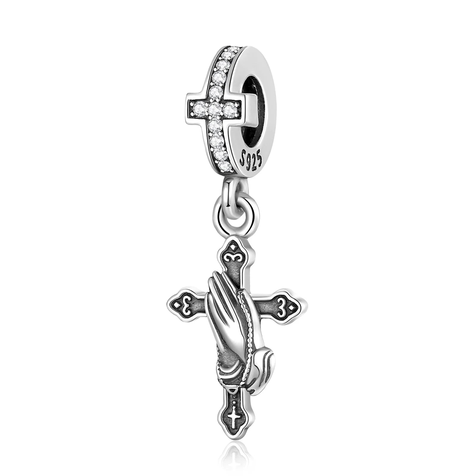 Eudora 925 Sterling Silver Vintage Cross Prayer Hands Pendant Necklace DIY Zircon Christianity Religious Jewelry for Women Men