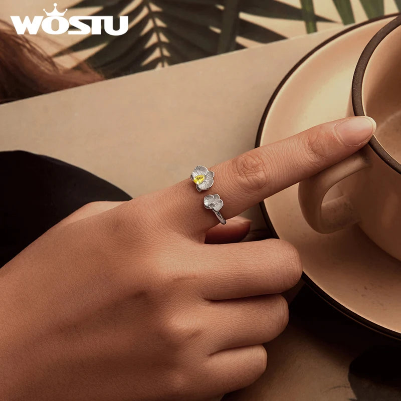 WOSTU 925 Silver Yellow Zircon  Flower Open Ring Citrine Stud Earrings For Women Wedding Jewelry Set Girl Mom's Birthday Gift