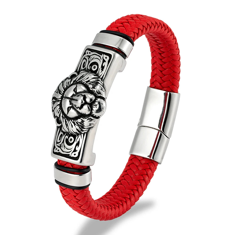 MKENDN Punk Lion Men Braided Genuine Black Leather Bracelet Stainless Steel Magnetic Buckle Bracelet Gifts Homme Pulseras