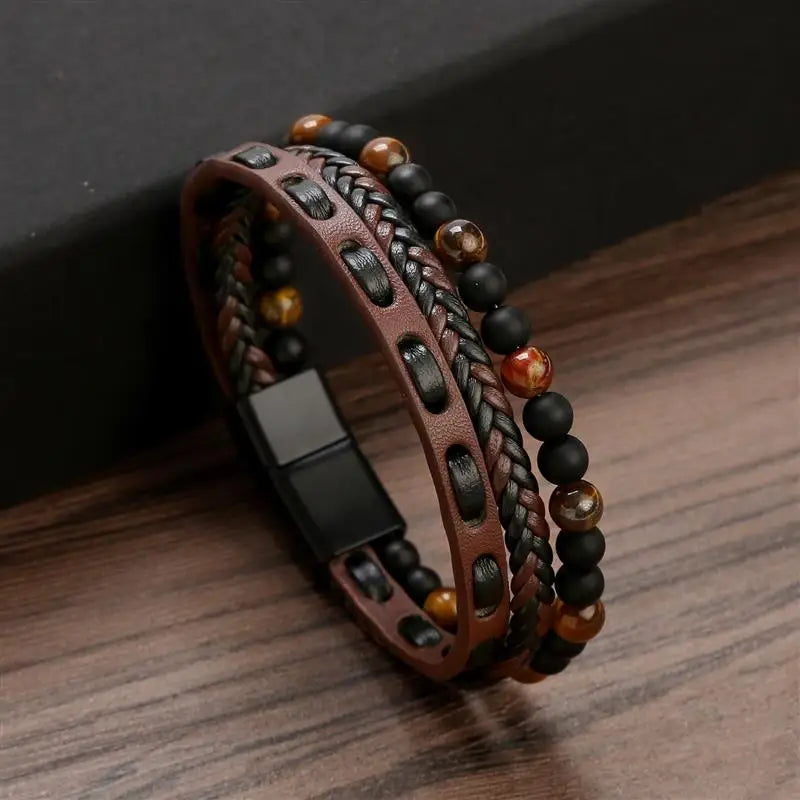 2023 New Men Bracelet Multilayer Leather Bracelet with Natural Stone Beads Punk Jewelry Stainless Steel Magnetic Clasp Bangles