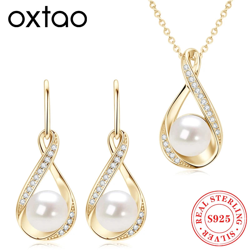 OXTAO 925 Silver Infinity Pendant Necklace Freshwater Pearl Earrings Jewelry Set for Women Moissanite Natural Freshwater Pearl