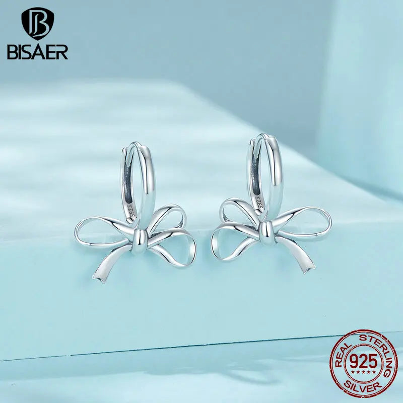 BISAER 925 Sterling Silver Simple Bow Ear Buckles Bowknot Classic Hypoallergenic Earrings Plated Gold for Women Fine Jewelry