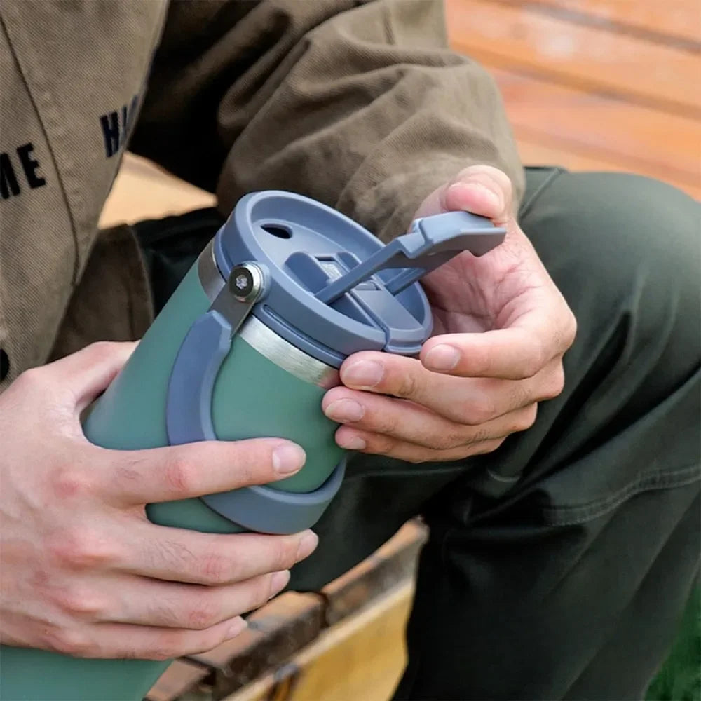 900ml Thermos Cup with Handle Drinking Water Bottle Insulated Stainless Steel Vacuum Water Bottle for Office Home Sports or Car