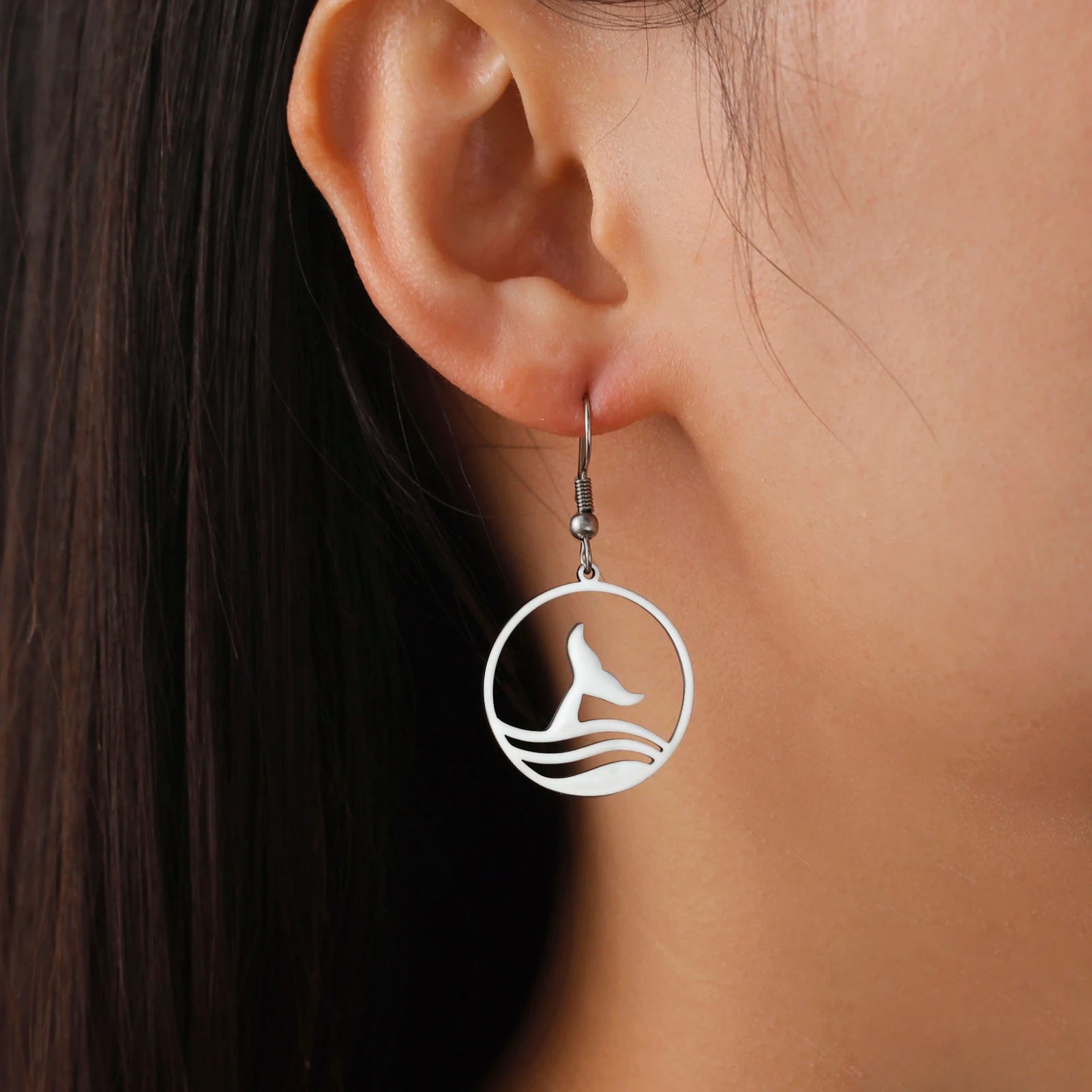 Sea Whale Tail Round Pendant Drop Earrings