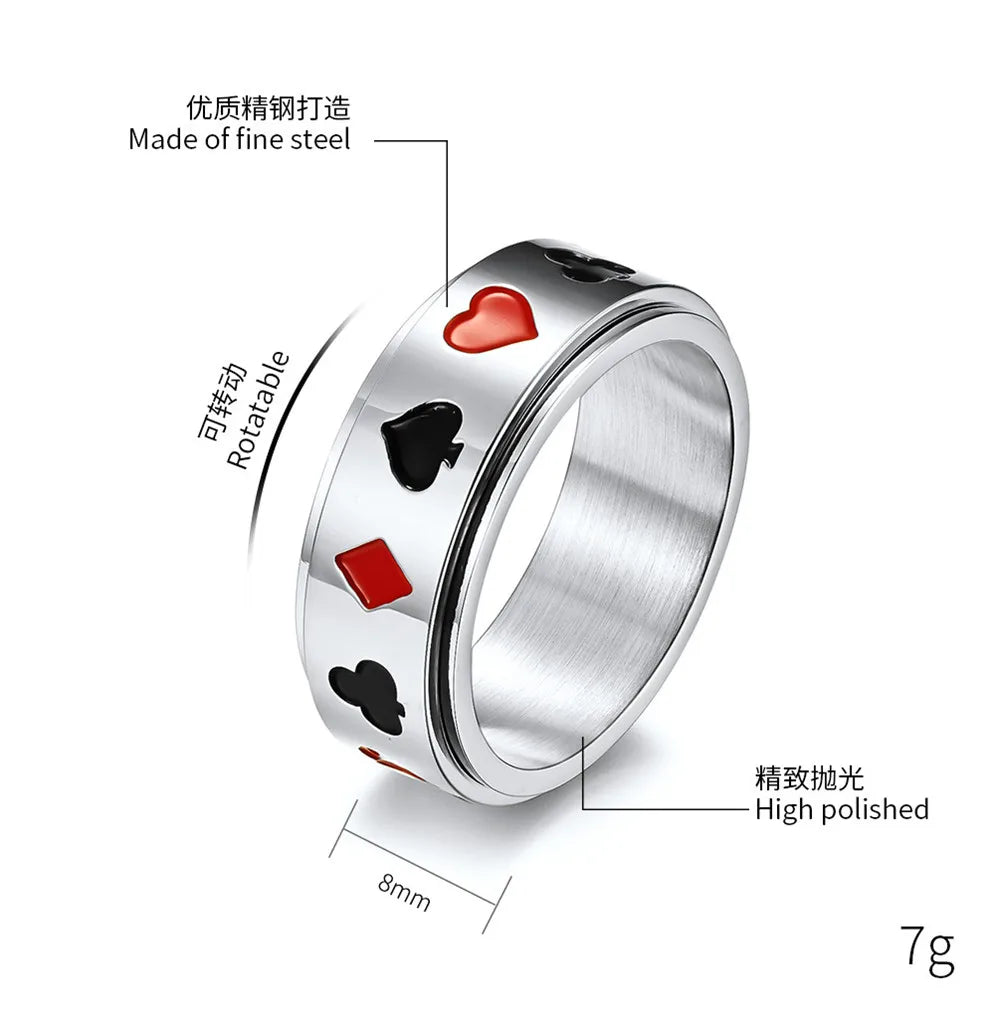 MKENDN Gothic Punk Playing Cards Stainless Steel Rotatable Ring for Men Lucky Poker Hip-hop Finger Jewelry Gifts