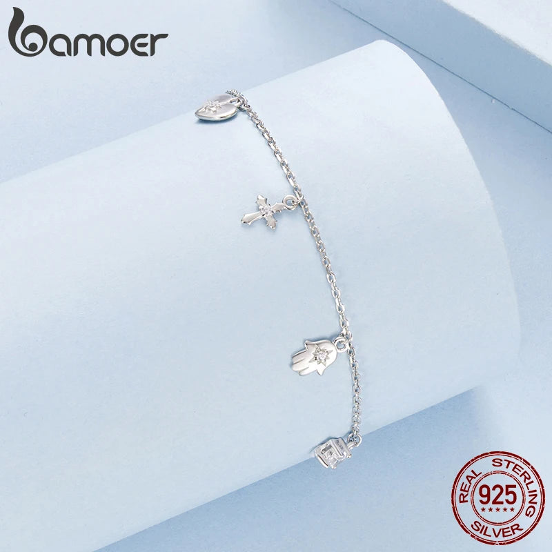 BAMOER 925 Sterling Silver Cross Amulet Bracelet Hand of Fatima Pendant Link Chain Adjustable for Women Birthday Lucky Gift