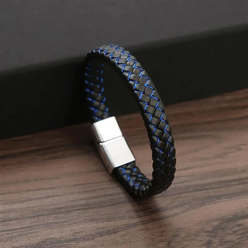 Jiayiqi Punk Men Jewelry Black Braided Leather Bracelet Stainless Steel Magnetic Clasp Fashion Bangles Wholesale Customize